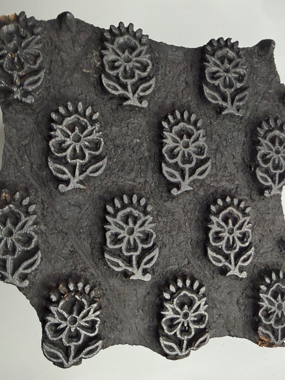 Antique Hand Carved Wooden Print Block - FLOWERS - Textile Wallpaper 5 ½" X 5 ½"